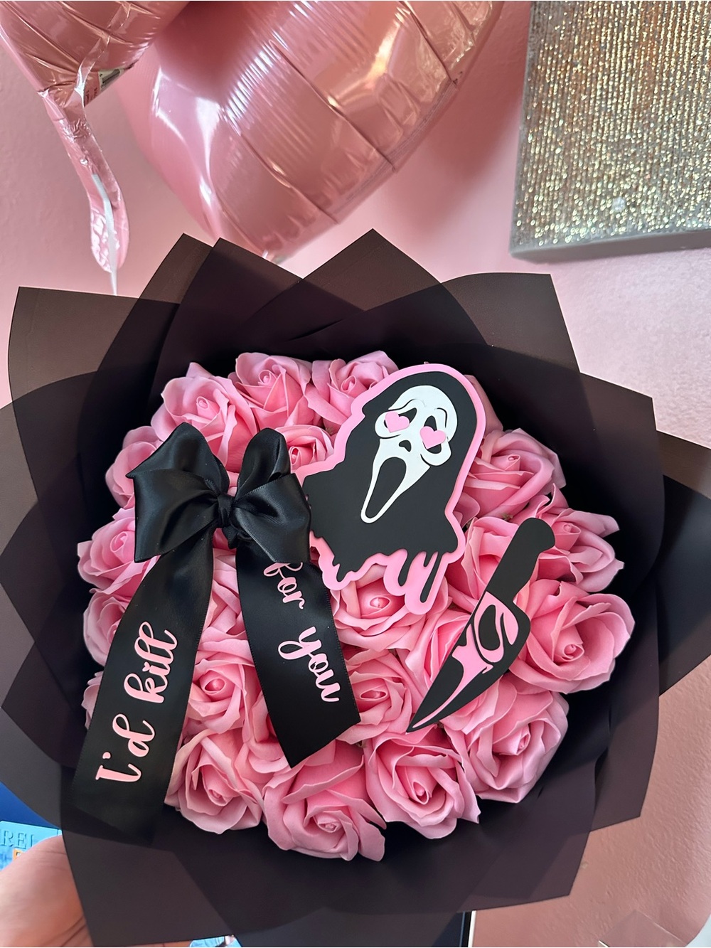Pink Foam Rose Bouquet with Black Accent Ribbon - Romantic Home Party Decor